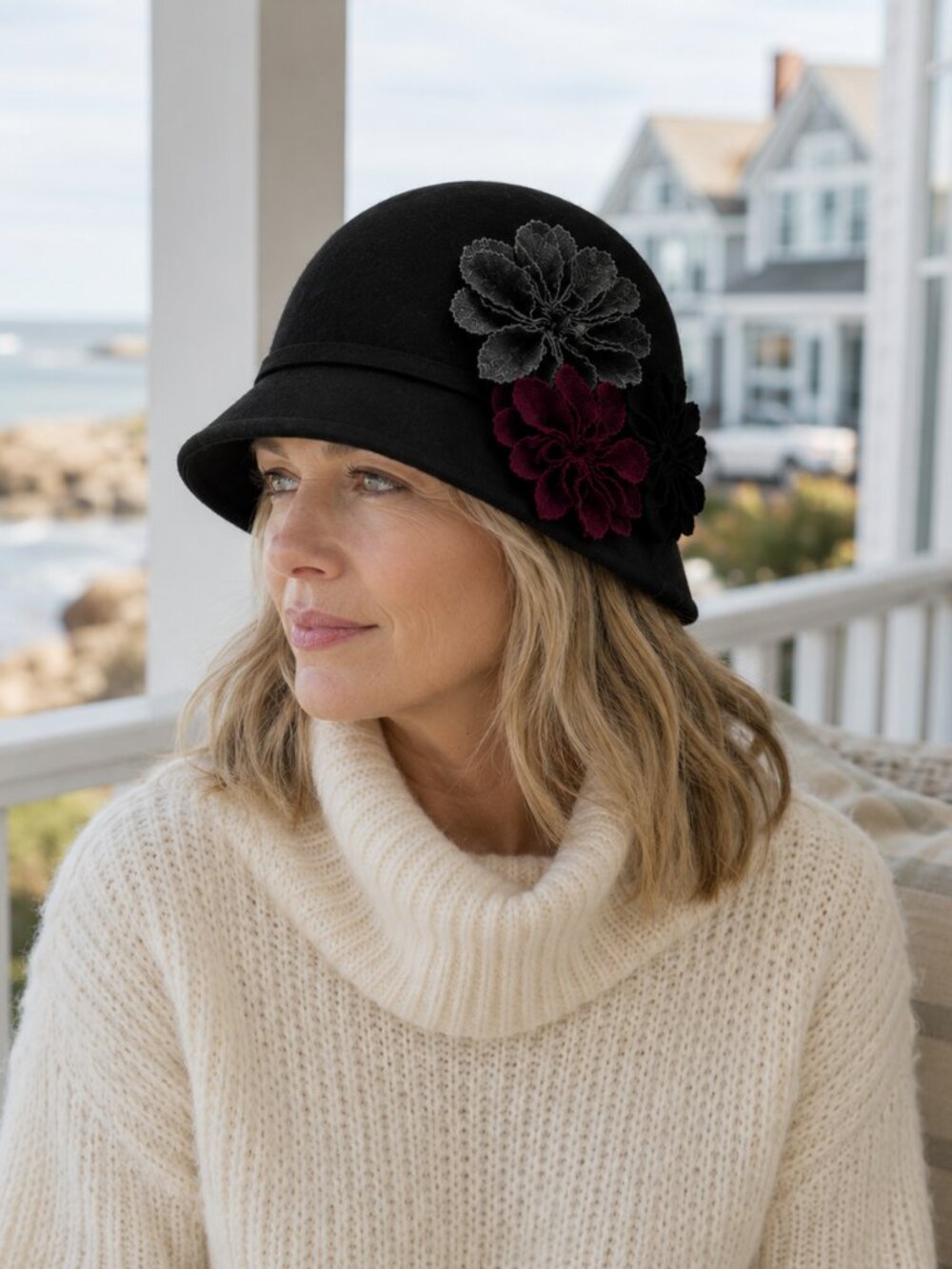 Scala Pronto Black Cloche Hat – Floral Wool Felt Style | Quiet Luxury